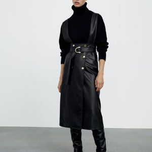 Zara Faux Leather Pinafore Skirt - Black - Size M